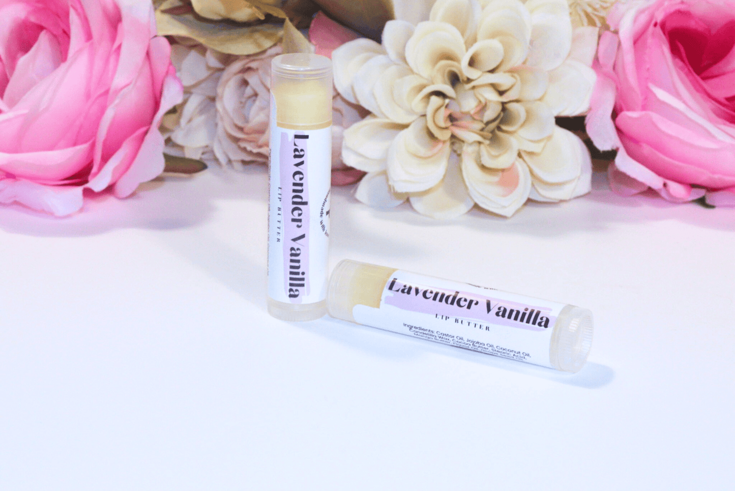 Hydrating Lip Butter in a sleek container, providing intense hydration & protection with a refreshing lavender vanilla flavor