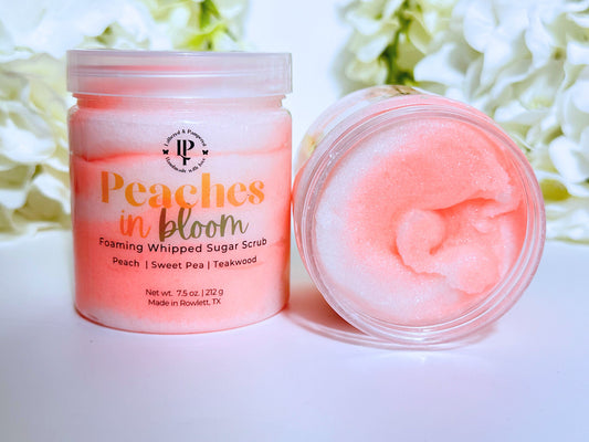 Peaches in Bloom Foaming Whipped Sugar Scrub in a jar with scent notes of Peach, Sweet Pea and Teakwood