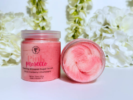 Pink Prosecco Foaming Whipped Sugar Scrub in a jar with scent notes of Citrus, Cranberry, Champagne and Musk