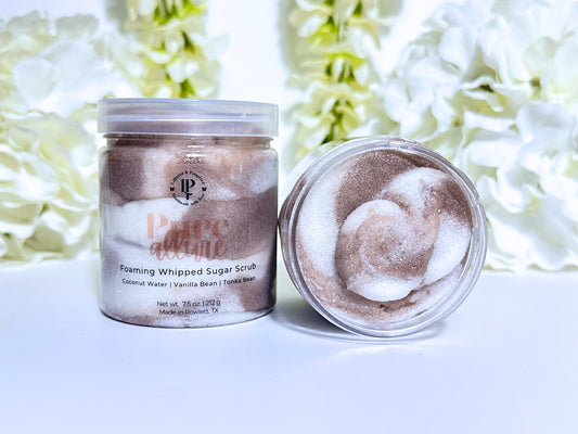Pure Allure Foaming Whipped Sugar Scrub in a jar with scent notes of Coconut Water, Vanilla Bean, Tonka Bean and Creamy Musk