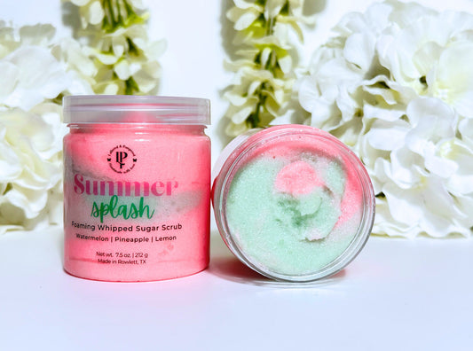 Summer Splash Foaming Whipped Sugar Scrub in a jar with scent notes of Watermelon, Lemon, Strawberry, Pineapple and Gardenia