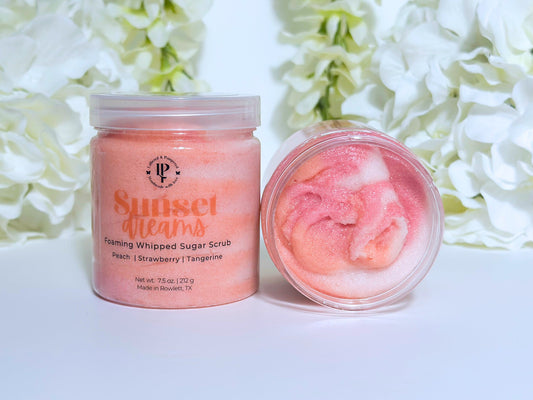 Sunset Dreams Foaming Whipped Sugar Scrub in a jar with scent notes of Peach, Strawberry and Tangerine