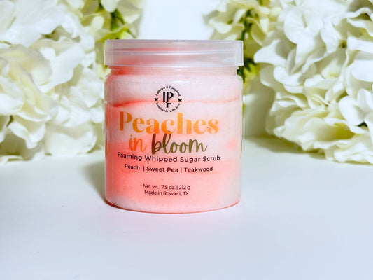 Peaches in Bloom Foaming Whipped Sugar Scrub in a jar with scent notes of Peach, Sweet Pea and Teakwood