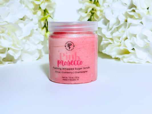 Pink Prosecco Foaming Whipped Sugar Scrub in a jar with scent notes of Citrus, Cranberry, Champagne and Musk