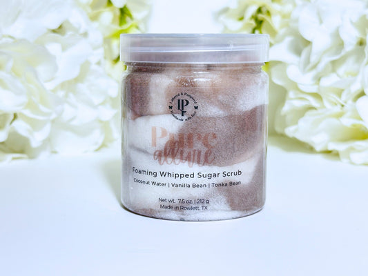 Pure Allure Foaming Whipped Sugar Scrub in a jar with scent notes of Coconut Water, Vanilla Bean, Tonka Bean and Creamy Musk