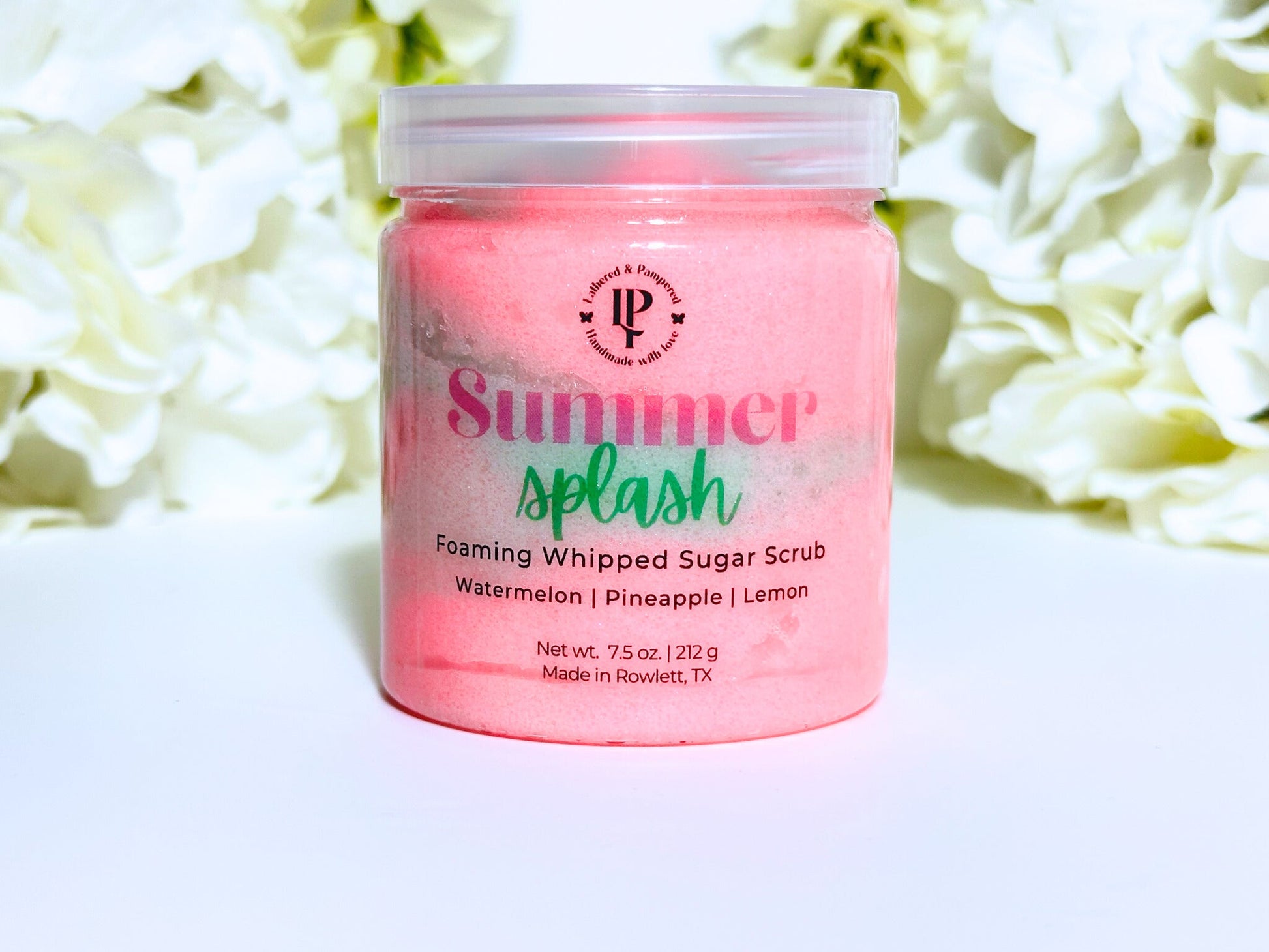 Summer Splash Foaming Whipped Sugar Scrub in a jar with scent notes of Watermelon, Lemon, Strawberry, Pineapple and Gardenia