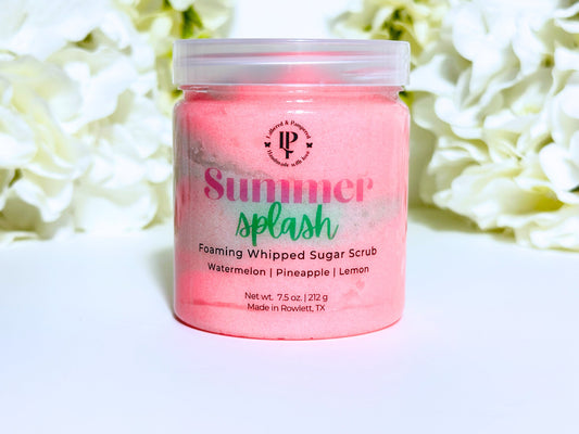 Summer Splash Foaming Whipped Sugar Scrub in a jar with scent notes of Watermelon, Lemon, Strawberry, Pineapple and Gardenia