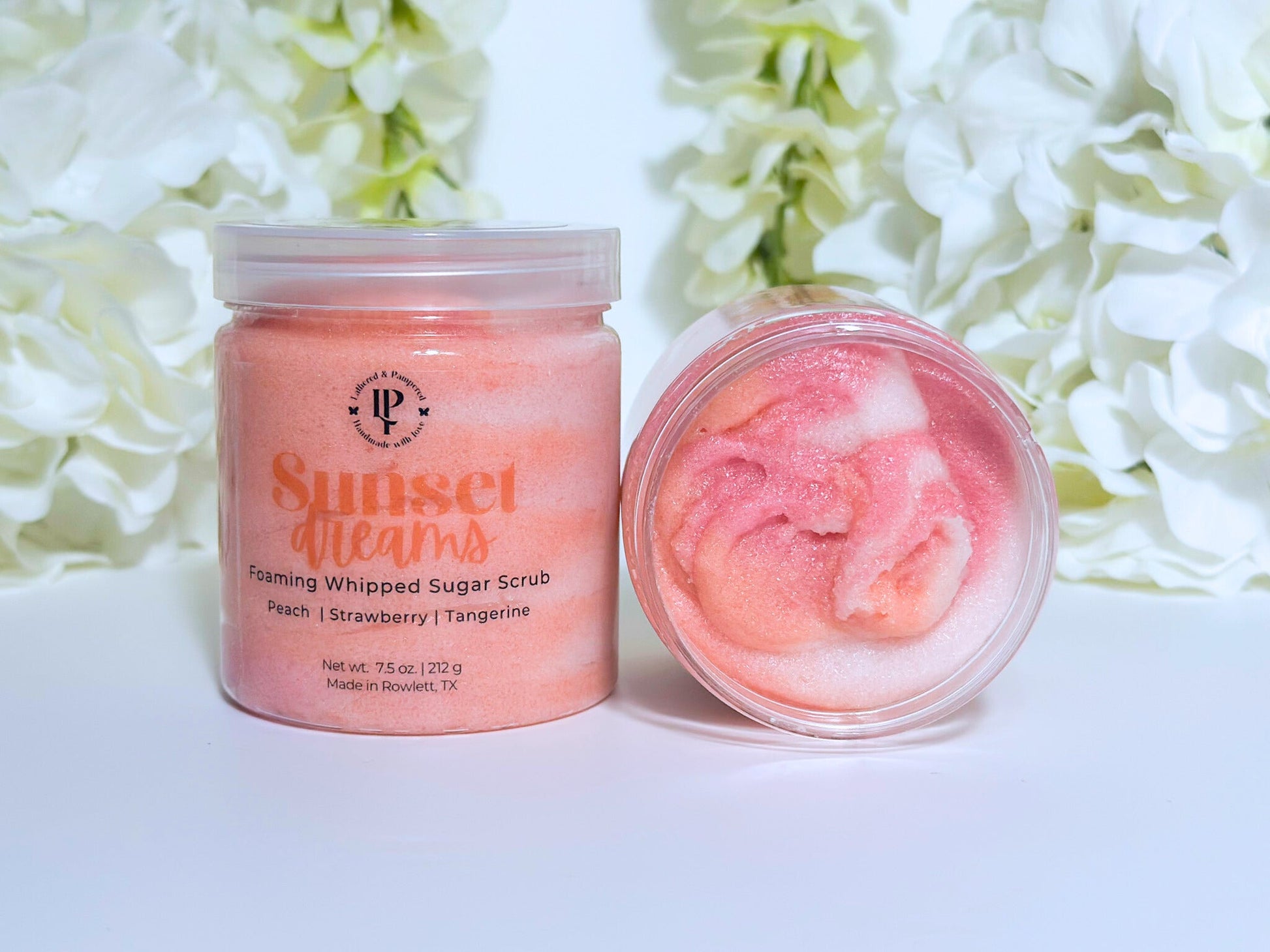 Sunset Dreams Foaming Whipped Sugar Scrub in a jar with scent notes of Peach, Strawberry and Tangerine
