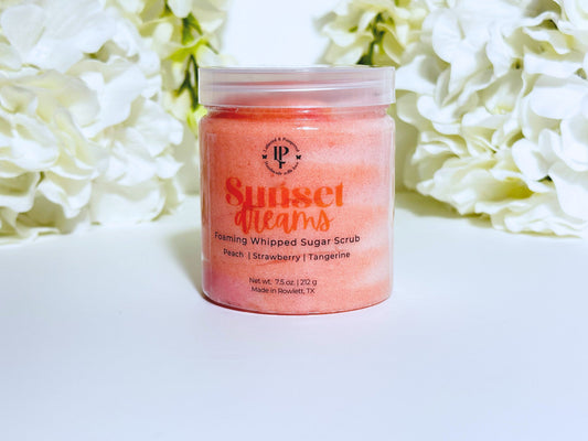 Sunset Dreams Foaming Whipped Sugar Scrub in a jar with scent notes of Peach, Strawberry and Tangerine